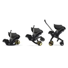 three different views of the buggy stroller, one in black with yellow wheels