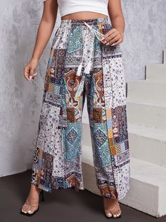 Multicolor Boho Collar  Fabric Floral,Tribal Wide Leg Embellished Non-Stretch Spring/Summer/Fall Plus Size Bottoms Fall Plus Size, Printed Pencil Skirt, Plus Size Skirts, New Wardrobe