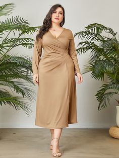 Khaki Casual Collar Long Sleeve Knitted Fabric Plain A Line Embellished High Stretch  Women Plus Clothing Elegant Plus Size, Shein Dress, Curvy Girl Outfits, Long Sleeve Knit, Amazing Products, Dress P, Plus Clothing, Plus Size Dresses, Neck Dress