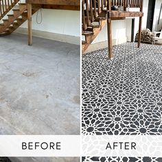 before and after photos of a tile floor