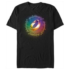 Get the one tee to rule them all with an officially licensed Lord of the Rings style! The beloved J. R. R. Tolkien novels and blockbuster films come to life with epic apparel for the whole family featuring all your favorite classic characters! This Adult Fellowship of the Ring Rainbow Ring Graphic T-Shirt features a picture of the One Ring encircled by the inscription: "One ring to rule them all, one ring to find them, One ring to bring them all and in the darkness bind them," with a rainbow hue Lord Of The Rings Fellowship, The One Ring, Plus Size Disney, Classic Characters, Rings Style, Rainbow Ring, J R R Tolkien, Movie Tees, Rainbow Rings