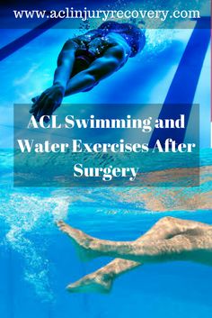 the words acl swimming and water exercises after surgery are in front of an image of a swimmer