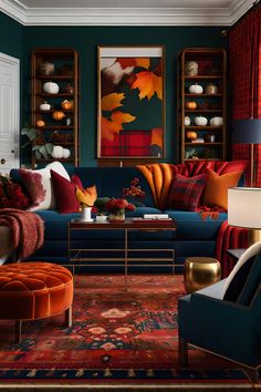 a living room filled with lots of furniture and colorful pillows on top of it's couches