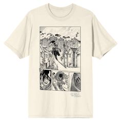 a white t - shirt with an image of a man riding a skateboard down a street