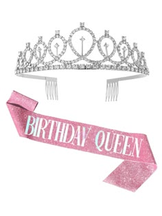 two tiaras and a ribbon with the words birthday queen on it, both in pink