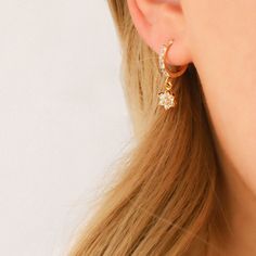 Gold huggie earrings with flower charms Dangle Hoop Earrings, Ear Stack, Cute Flower, Huggie Earrings, Huggie Hoop Earrings, Flower Charm, Huggies Earrings, Bridal Earrings, Minimalist Jewelry