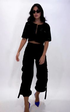 98% Cotton 2% Spandex Fitted Black Techwear Top, Black Techwear Tops For Summer, Black Cropped Edgy Tops, Fitted Cotton Techwear Top, Black Cropped Streetwear Bottoms, Cropped Black Streetwear Bottoms, Black Cropped Bottoms For Streetwear, Black Cotton Top For Night Out, Black Cropped Top For Streetwear