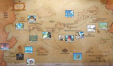 a map with many pictures on it and the names of places in each region around it