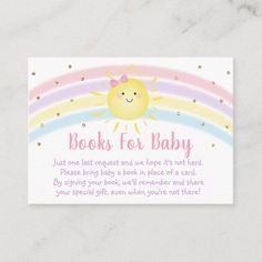 a book for baby card with a sun and rainbow