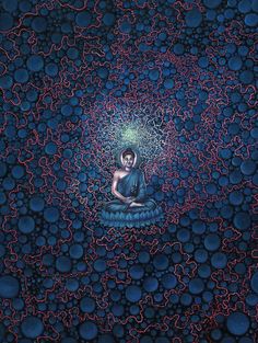 an image of buddha sitting in the middle of blue bubbles with red and black circles around it