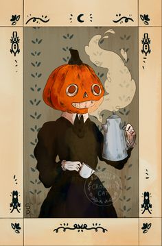 a painting of a woman with a pumpkin on her head holding a tea pot and a kettle