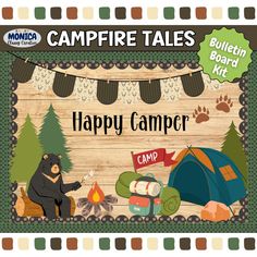 an image of a happy camper sign with bear and tent in the woods on it