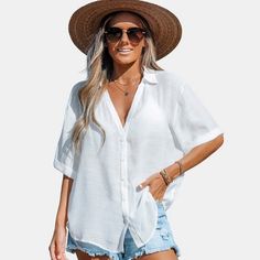 Have some fun in the sun in this semi-sheer cover-up shirt featuring a V-neckline, basic collar, button-front closures, and short sleeves with rolled cuffs.
Product code:CAA07A3B003CC
Model Wearing Size: S
Height:5‘6" in / 168 cm Bust:34 in / 86 cm
Waist:25 in / 63 cm Hips:30 in / 76 cm Shawl Collar Blazer, Bohemian Style Clothing, Gathered Sleeves, Henley Top, Short Sleeve Bodysuit, Jogger Set, Mini Dress With Sleeves, My Boards, Striped Shirt