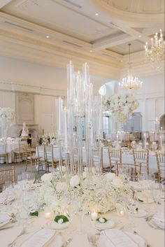 Baby breaths and white roses on clear candelabra at wedding in Park Chateau Wedding Candelabra, Park Chateau, White Weddings Reception, Dream Wedding Decorations, All White Wedding, Chateau Wedding