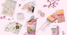 an assortment of items are shown on a pink background with cherry blossoms and japanese characters