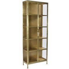 a tall metal bookcase with glass doors on the front and bottom shelves in gold