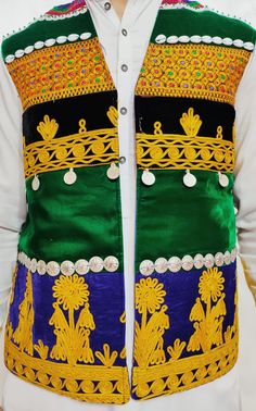 "Here is an Afghan Kuchi Pashtun men handmade zari  silver embroidery work vest waistcoat. Traditionally such vests are used on special events like wedding Nikah and Mehndi event. Available in small, medium and large size. It contains very beautiful golden color threads embroidery work which is traditionally called \"Zari or Tilai\" embroidery work. Fabric is long lasting, comfortable and breathable." Traditional Nehru Jacket With Gold Embroidery For Ceremonial Occasions, Traditional Wear With Gold Embroidery For Celebration, Traditional Celebration Wear With Gold Embroidery, Traditional Nehru Jacket With Gold Embroidery For Transitional Season, Traditional Fitted Multicolor Vest, Traditional Embroidered Festive Vest, Traditional Fitted Vest With Intricate Embroidery, Fitted Traditional Vest With Intricate Embroidery, Fitted Traditional Multicolor Vest