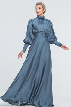 Modest Steel Blue Satin Bridesmaid Dresses Long Sleeves Fall Wedding A-line Evening Dress, Elegant A-line Evening Dress For Winter, Blue A-line Satin Dress For Wedding, Elegant Satin Dress With High Neck, Elegant High Neck Satin Dress, Elegant Satin High Neck Dress, Long Sleeve Evening Dress For Bridesmaids, High Neck Satin Dress For Formal Occasions, Solid A-line Satin Evening Dress