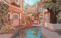 an animated image of a house with a pool in the middle and lots of flowers on the ground