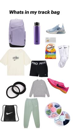 an assortment of items that include shoes, t - shirts and backpacks