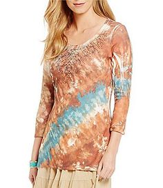 Reba "Sierra Sunrise" Rib Tie-Dye Knit Top Fall Multicolor Embellished Tops, Clothing Apparel, Dillard's, Shoes And Accessories, Knit Top, Tunic Tops, Tie Dye, Women's Clothing, Dye