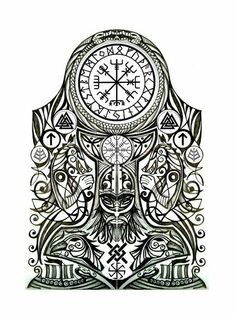 a drawing of a clock with many faces and symbols on it's face, all in black and white