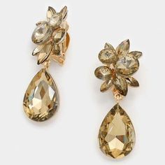 Floral Brown Teardrop Crystal Clip On Earrings Long Drop Earrings, Cubic Zirconia Earrings, Zirconia Earrings, Chic Accessories, Chandelier Earrings, Teardrop Earrings, Brown Gold, Stone Jewelry, Crystal Earrings