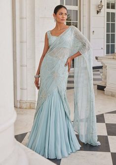 Charu & Vasundhara-Siddra Aqua Blue Lehenga Sari And Blouse-INDIASPOPUP.COM Luxury Designer Light Blue Saree, Elegant Light Blue Luxury Saree, Indian Sari Dress Modern, Mermaid Saree Draping, Charu Vasundhara, Sea Blue Saree, Pastel Blue Saree, Aqua Blue Lehenga, Mermaid Saree