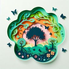 paper cut art with trees and butterflies in the background