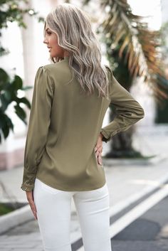 Green Frilled V Neckline Buttoned French Shirt Elegant Khaki Fall Blouse, Elegant Khaki Blouse For Fall, Elegant Khaki Tops For Fall, Elegant Khaki Tops For Office, Elegant Khaki Office Tops, Elegant Khaki Button-up Tops, Collared Khaki Top For Office, Khaki Collared Top For Office, Casual Khaki Office Top