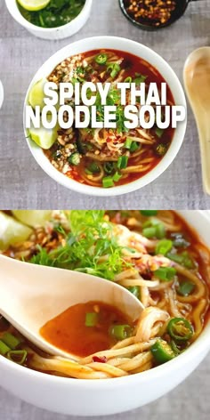 a bowl of noodle soup with chopsticks in it and the title spicy thai noodle soup