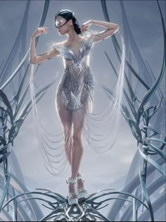 a woman in a silver dress standing on top of a blue object with wings flying over her head