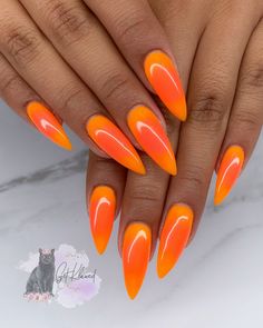 Bright Orange Nails Almond, Orange Nails Almond, Bright Nails For Summer, Orange Aura Nails, Orange Almond Nails, Bright Orange Nails, Orange Aura, Hard Gel Nails