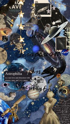 a collage of space related items including telescopes, planets and stars