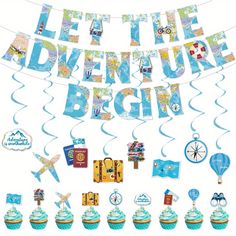 a birthday banner that says let the adventure begin with cupcakes and other decorations