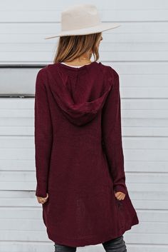 Wine Red Hooded Pockets Open Front Knitted Cardigan Ribbed Hooded Outerwear For Fall, Hooded Ribbed Outerwear For Fall, Red Hooded Fall Cardigan, Burgundy Long Sleeve Cardigan For Winter, Red Season, Hooded Cardigan, Knitted Cardigan, Open Front Cardigan, Winter Sweaters