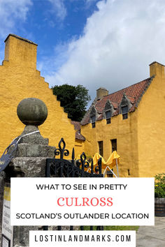 a yellow building with the words what to see in pretty curios scotland's outlandder location