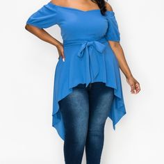 Beautiful Off The Shoulder, Sweet Heart Neck, Short Puff Sleeves, Asymmetric Hem Top 1x Size Bust 42-44 Waist 33-36 Hip 43-45 2x Size Bust 45-47 Waist 37-40 Hip 45-47 3x Size Bust 48-50 Waist 41-44 Hip 48-51 *Measurements Are Approximates, Please Use As A Guide Only. Fabric: Techno Crepe Content: 96%Polyester 4%Spandex Blue Asymmetrical Blouse For Spring, Blue Asymmetrical Hem Blouse For Spring, Spring Blue Blouse With Asymmetrical Hem, Casual Blue Tops With Asymmetrical Hem, Asymmetrical Stretch Off-shoulder Top For Spring, Casual Blue Asymmetrical Top, Blue Asymmetrical Hem Trendy Tops, Sweet Heart Neck, Purple Lace Top