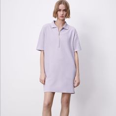 Zara Polo Dress With Lapel Collar, Short Sleeves And Zip Front. Beautiful Lilac Color. Armpit To Armpit 22” And Beyond Length 33”. 60% Cotton 40% Polyester Purple Collared Summer Dress, Casual Purple Shirt Dress For Spring, Casual Purple Midi Dress For Work, Zara Purple Short Sleeve Dress, Casual Purple Midi Dress By Zara, Lilac Color, Polo Dress, Lapel Collar, Zara Dresses