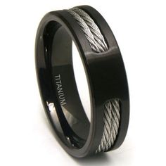 black ceramic ring with white rope inlay