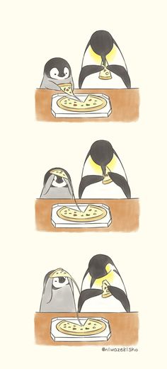 two penguins eating pizza on top of a table