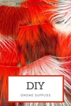 red and white feathers with the words diy gnome supplies