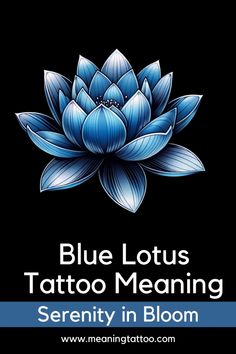 the blue lotus tattoo meaning is shown on a black background with text that reads,'serenity in bloom '