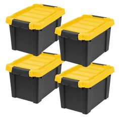 four black and yellow storage containers with lids