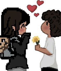 an image of two people that are kissing each other with flowers in their hands and hearts flying above them