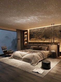 a large bed sitting in the middle of a bedroom under a sky filled with stars