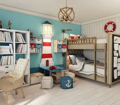 a bedroom with bunk beds, bookshelves and chairs