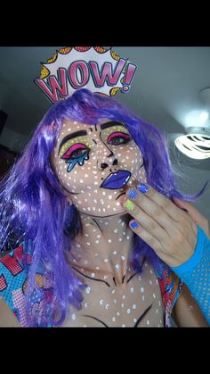 Pop Art Makeup Looks, Super Hero Makeup Women, Pop Art Costume Outfit, Comic Makeup Pop Art, Comics Makeup Pop Art, Pop Art Face Paint, Pop Art Makeup Ideas, Pop Art Outfit, Pop Art Halloween Costume