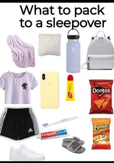 the back to school essentials are laid out in front of a white background with text that reads, what to pack to a sleepover