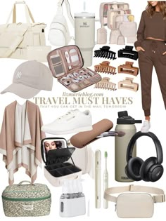 a collage of travel items including headphones, sweaters, and other accessories